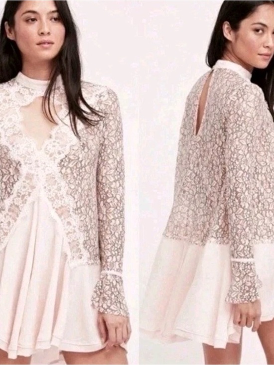 Free People Dresses & Skirts - Free People Tell Tale Lace Tunic Dress Pink M OB556692 Boho Sheer Long Sleeve